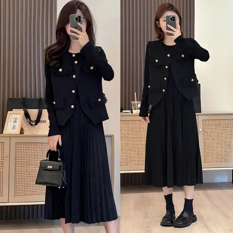 2024时尚套装法式小香风马甲外套打底裙两件套针织毛衣连衣裙8603