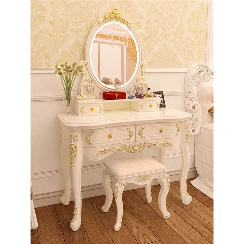 简约卧室网红白色化妆桌奢华带灯化妆台一体落地客厅家用烤漆桌子