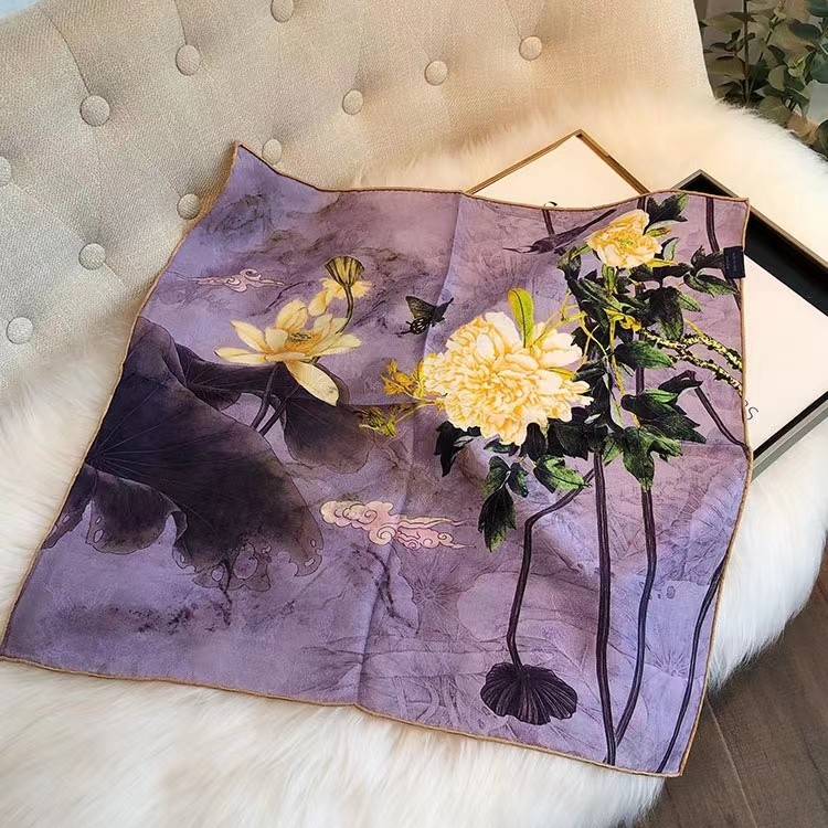 405【牡丹说】70*70左右时尚方巾百搭丝巾女士双面紫色