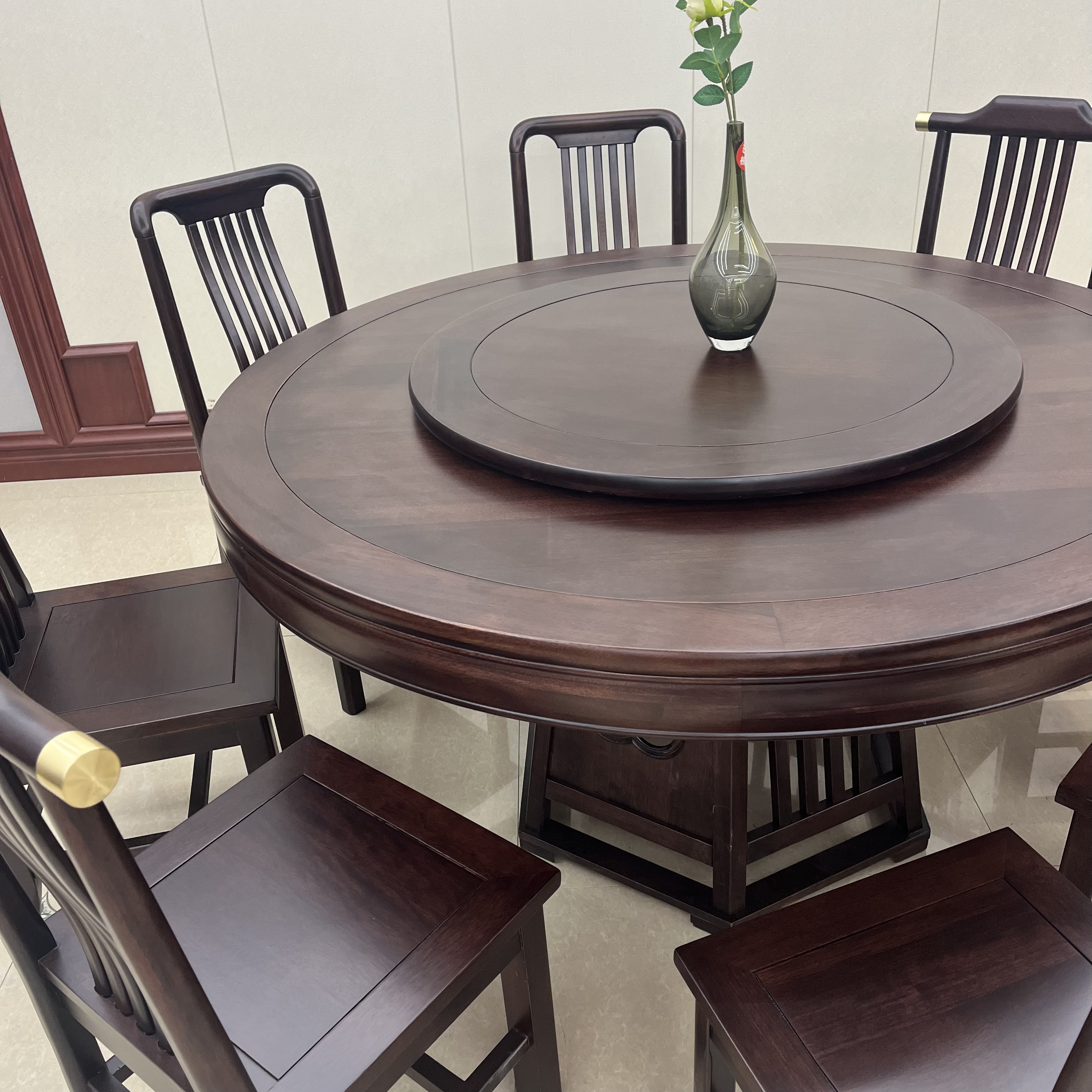 新中式全实木餐厅沙发古典圆餐桌椅组合现代简约家用带转盘圆桌