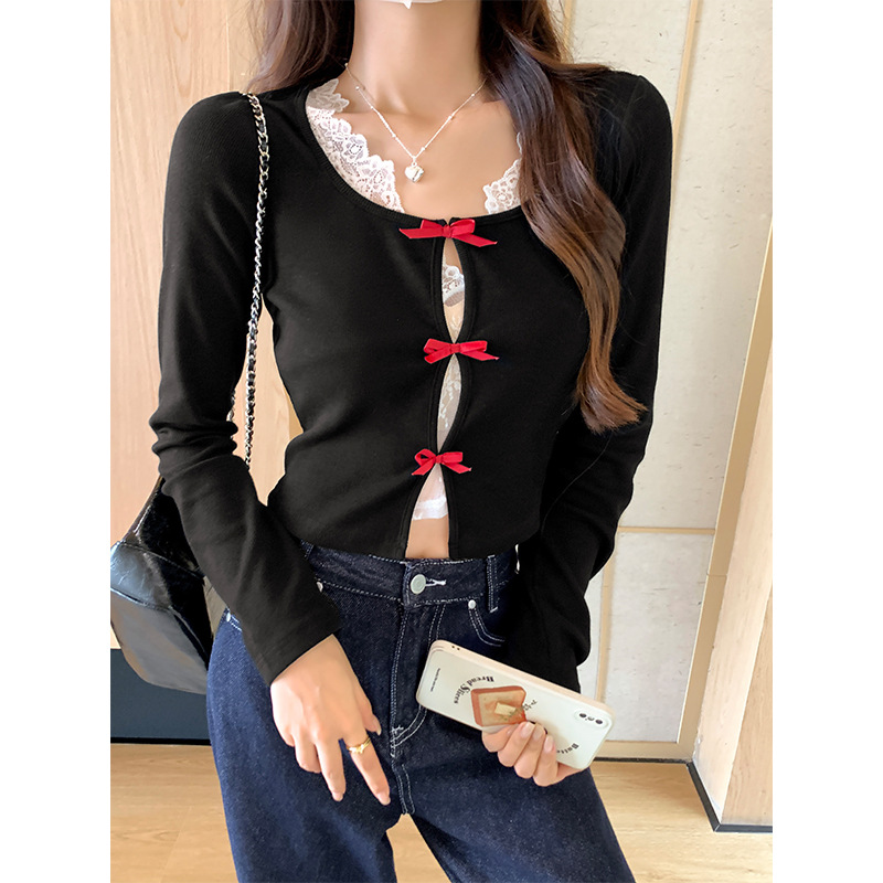 纯欲风U领镂空蝴蝶结软糯针织衫长袖女秋季蕾丝叠穿背心打底上衣