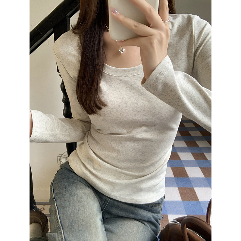 辣妹圆领正肩修身显瘦长袖T恤女秋冬磨毛加厚叠穿内搭打底衫上衣