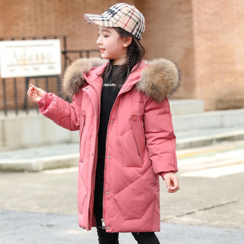 儿童羽绒服女童新款2023中长款女孩加厚连帽毛领童装白鸭绒潮