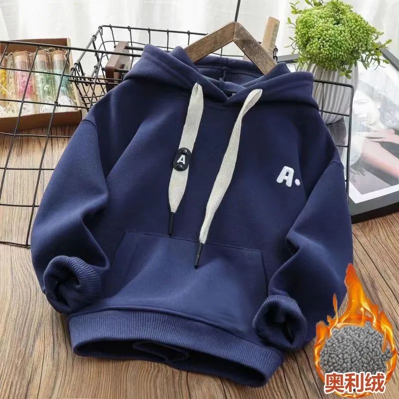 新款拉男童加绒卫衣新款男孩休闲打底中大童洋气加绒加厚上衣新冬