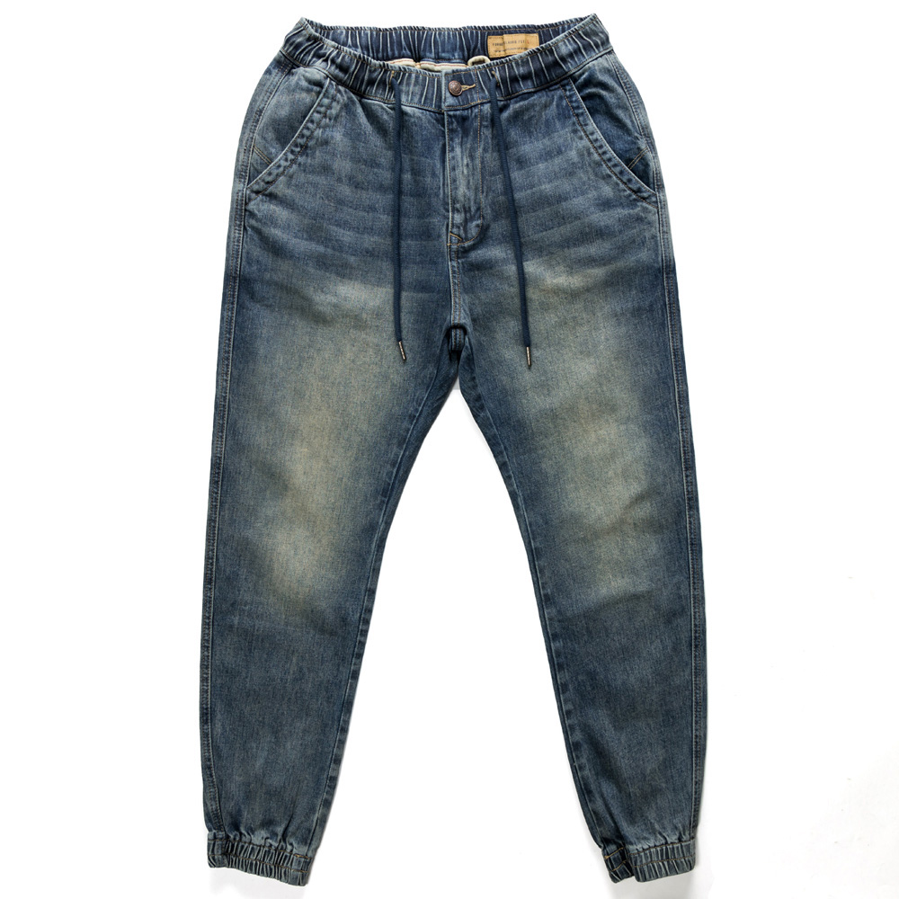 1286 男士休闲牛仔裤修身束脚裤蓝色牛仔松紧腰怀旧质感长裤男款