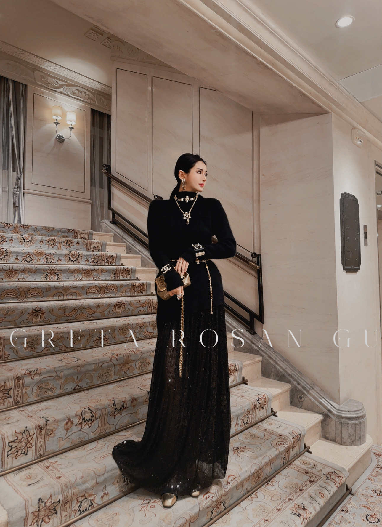 ROSAN【幽梦】绒绒柔美典雅高贵轻奢黑复古长款名媛上衣及半裙