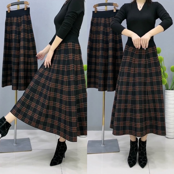 秋冬新款高腰A字半身裙女格子伞裙中长款遮胯显瘦大摆裙百搭款