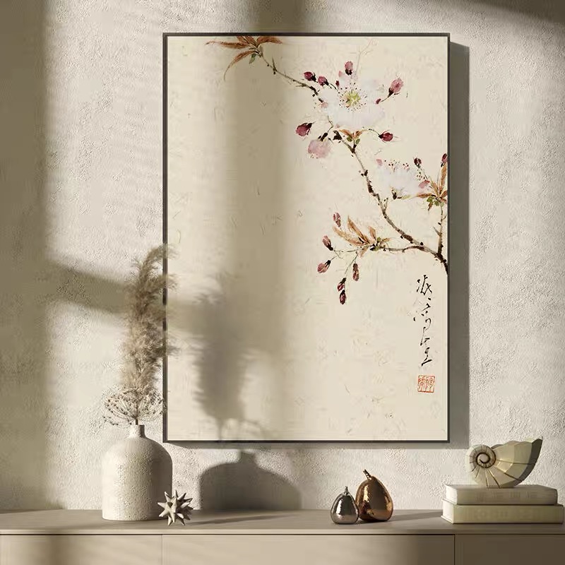 陶花新中式入户玄关装饰画餐厅客厅卧室挂画高级感简约花卉砂岩画