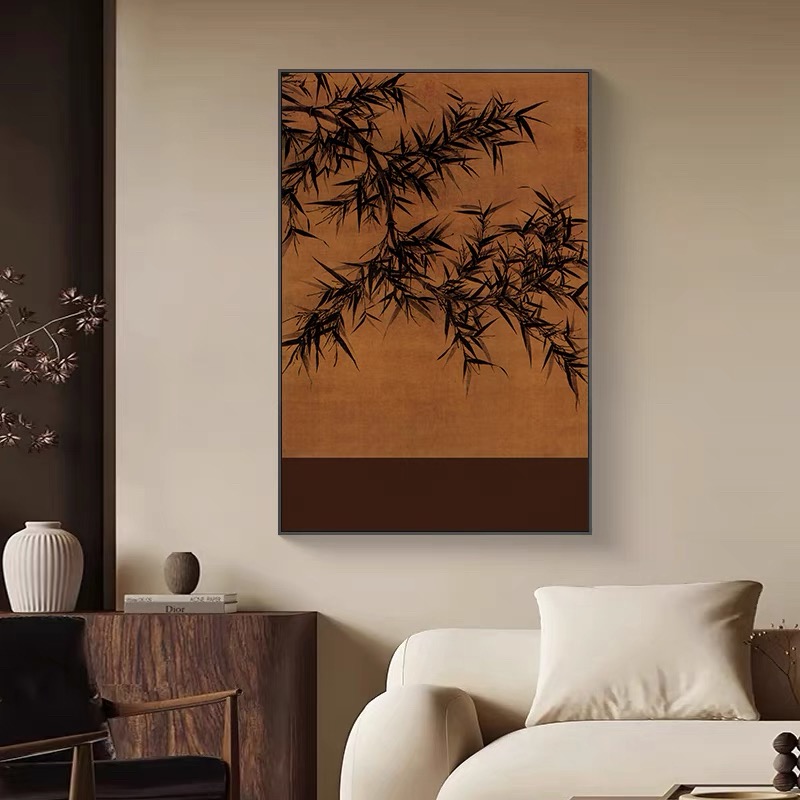 墨竹图中古风客厅装饰画茶室禅意壁画新中式高级水墨竹子砂岩画