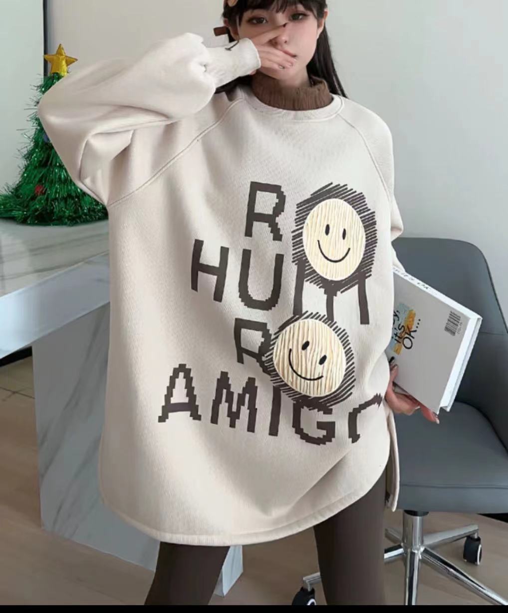 大码孕妇中长款宽松休闲加绒插肩袖卫衣女过臀打底外穿上衣909