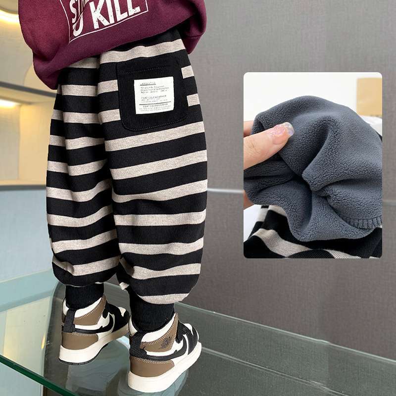 宝宝长裤裤子加绒休闲裤2024男童女加厚幼儿园卫裤条纹薄绒一体绒