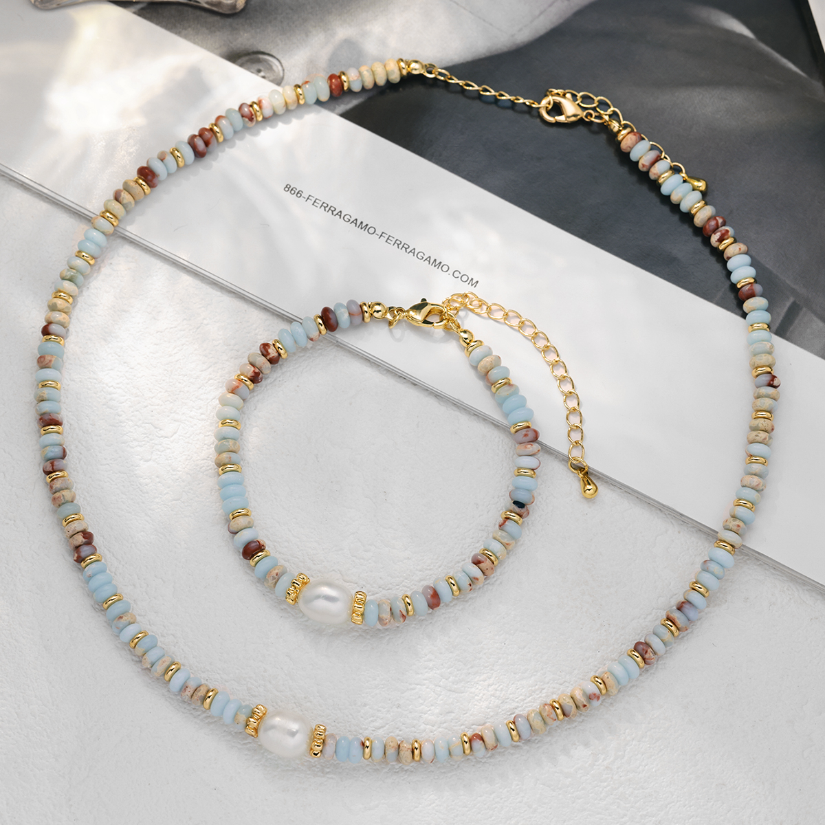 铜合金项链 镀18K金「烟雨」石头珠串项链气质高端中国风少仙女度假