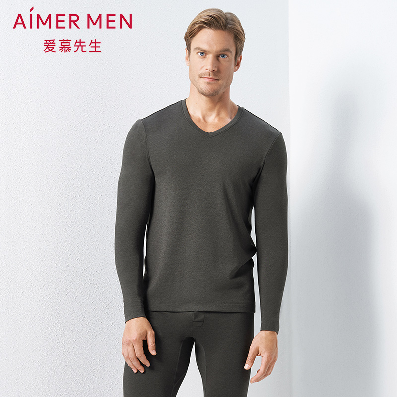【单层绒感上衣】爱慕先生暖尚系列单层V领长袖NS72C941内衣男士