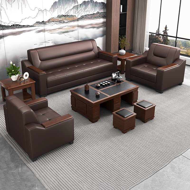 现货发真皮办公室沙发简约现代商务会客接待休闲茶几组合套装皮艺