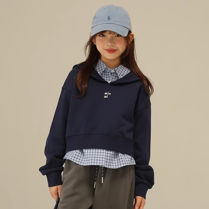 小女森女童秋冬经典海军风翻领卫衣中大童学院风刺绣套头长袖上衣