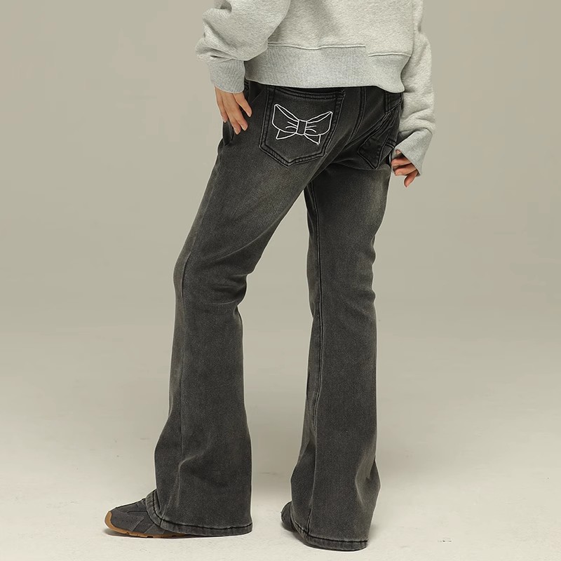 小女森女童秋冬牛仔裤弹力加绒裤子儿童冬装喇叭裤黑色修身牛仔裤