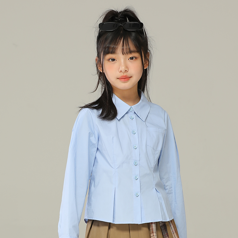 小女森女童春秋修身蓝色百搭打底衬衫儿童收腰短款翻领长袖上衣潮