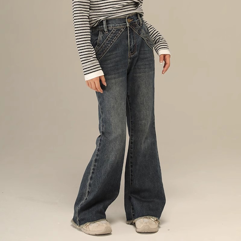 小女森女童春秋复古水洗设计感喇叭牛仔裤儿童高腰弹力显瘦长裤潮