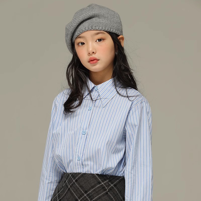 小女森女童春秋法式经典蓝条纹衬衫中大童宽松翻领长袖内搭上衣女