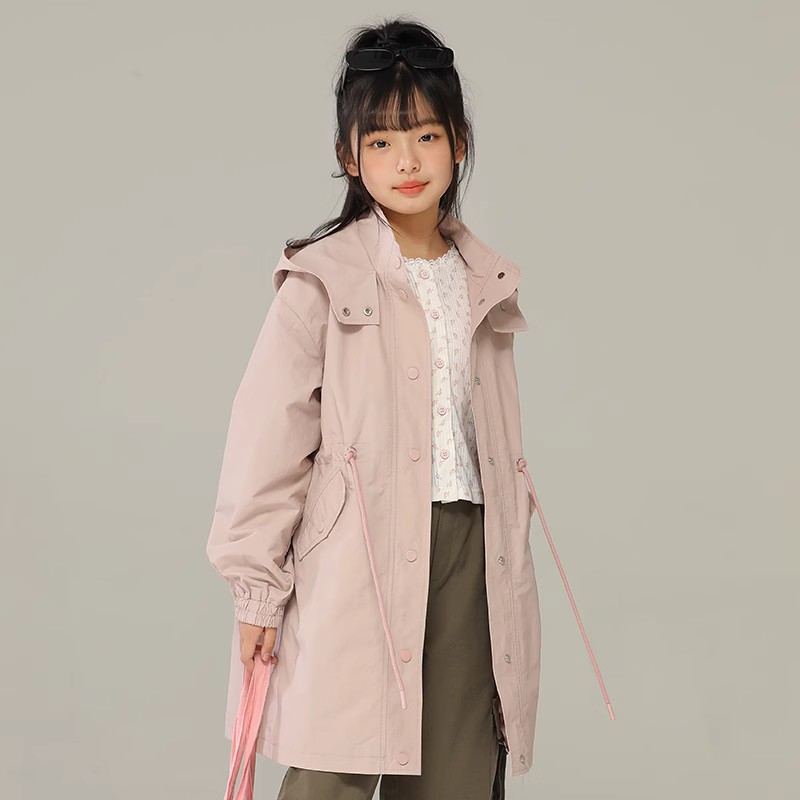 小女森女童春秋藕粉外套束腰休闲风衣儿童宽松工装风连帽长款上衣