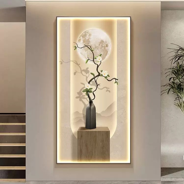 现代简约风装饰画植物治愈系入户玄关画带灯高档晶瓷画新中式挂画