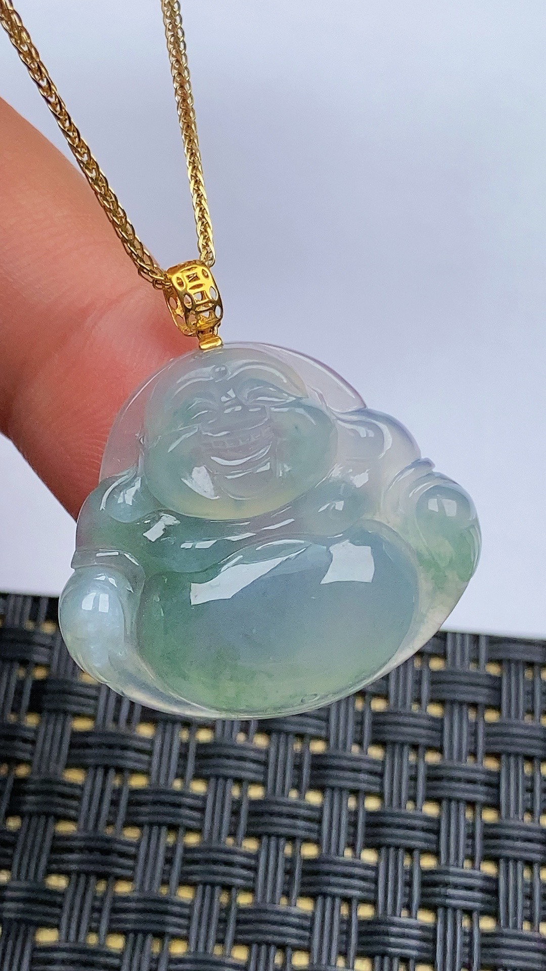 缅甸天然翡翠A货冰飘花佛公吊坠挂件18k金扣尺寸24.1-27.5-6.2