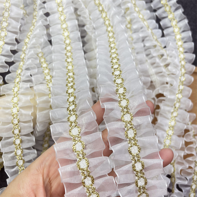 工厂现货4厘米小香风纱密褶蓬蓬纱发饰袖口洛丽塔帽子蕾丝花边辅