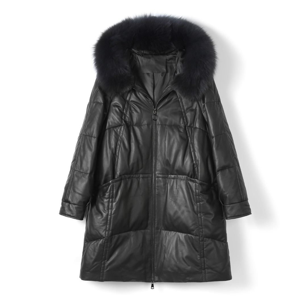 真皮皮衣女中长款羽绒服海宁绵羊皮皮衣宽松时尚狐狸毛外套