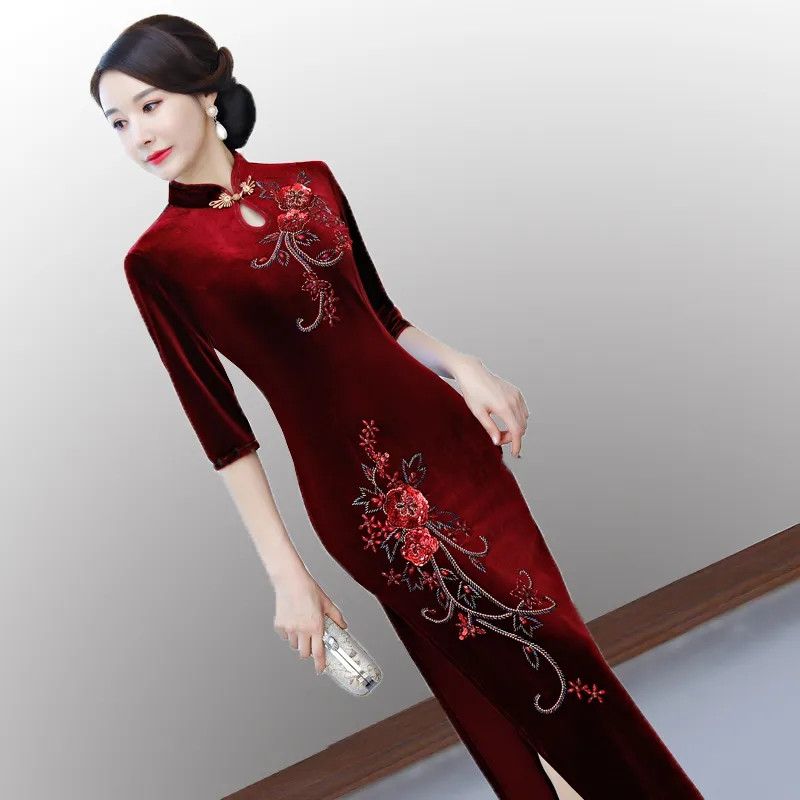 新款春秋高档绣花中老年旗袍婚庆礼服修身显瘦包臀开叉长裙