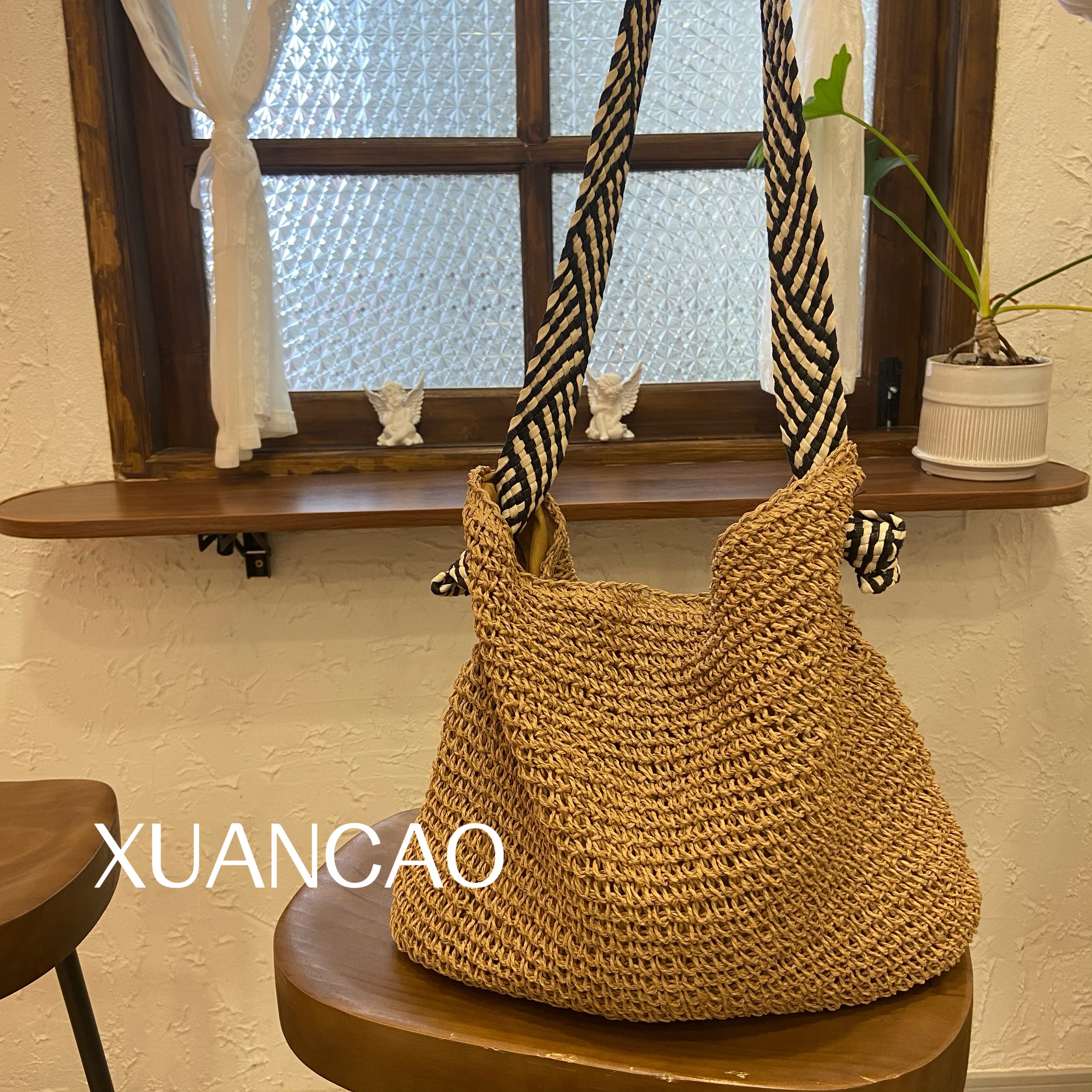 XUANCAO 新款钩针单肩包草编包时尚百搭休闲夏季小众腋下沙滩包