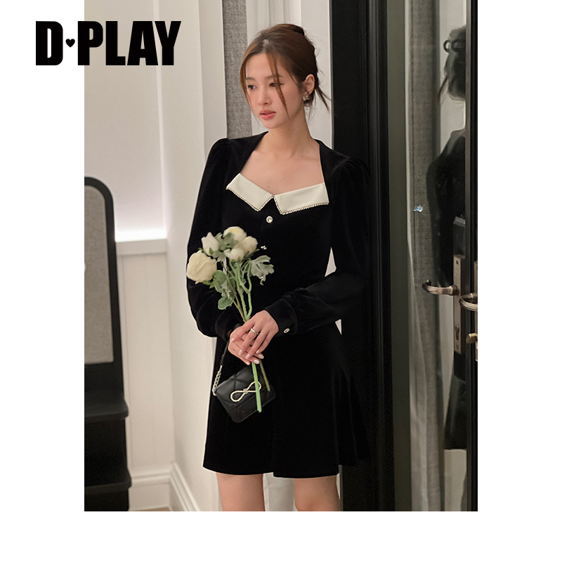 DPLAY2023新名媛富家千金经典黑撞色闪钻丝绒连衣裙小黑裙轻礼服