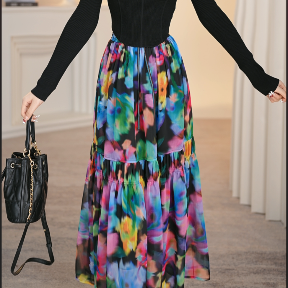 AMASS/阿玛施新款甜美百搭高腰显瘦印花绑带松紧腰半身裙5200408