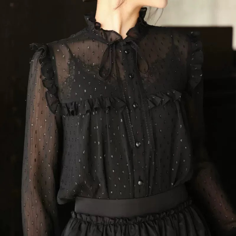 （商场同款）新品女装2024春秋新款百搭立领网纱透视宫廷风衬衫