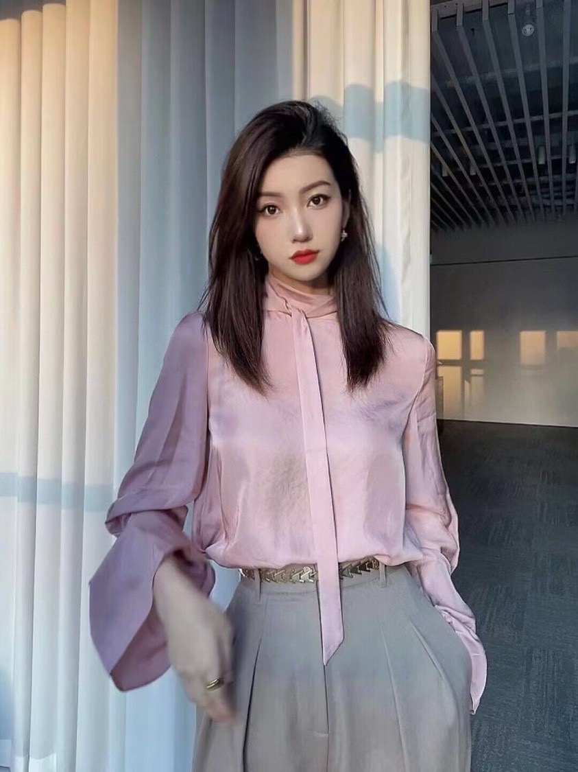 (商场同款）女装春秋季新款气质立领百搭宽松飘带褶皱长袖衬衣上衣