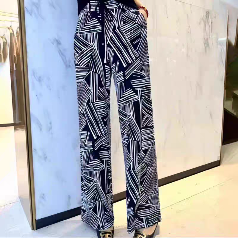 （商场同款）春夏新款百搭松紧高腰系带印花直筒阔腿裤时尚长裤显瘦