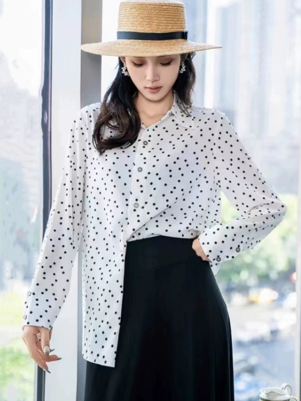 （商场同款）新款代购女装2024夏秋翻领宽松波点长袖衬衫