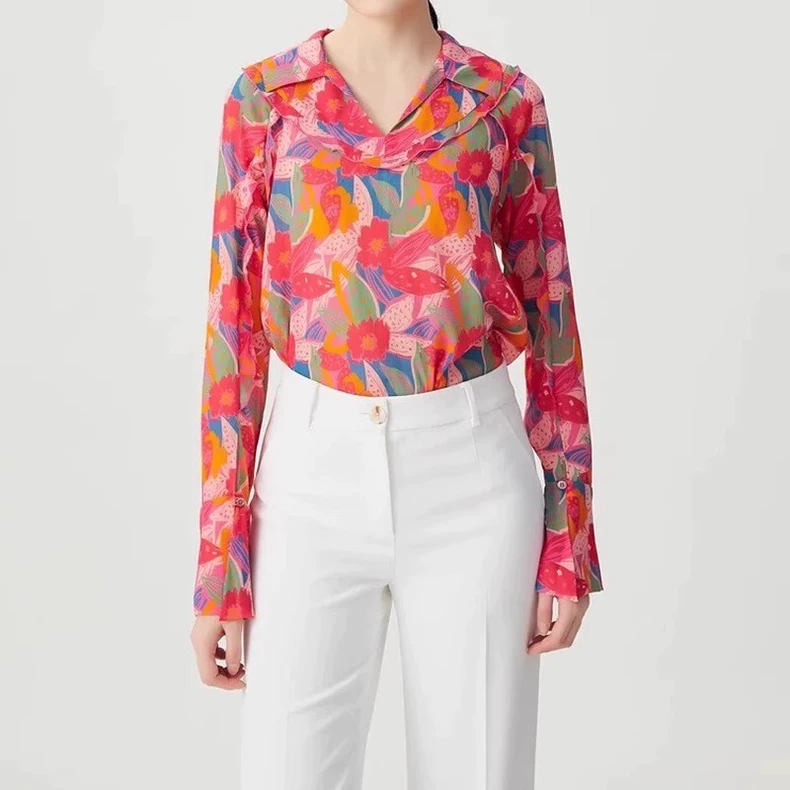 （商场同款）女装2024春夏季新款荷叶边领雪纺红碎花长袖衬衫女