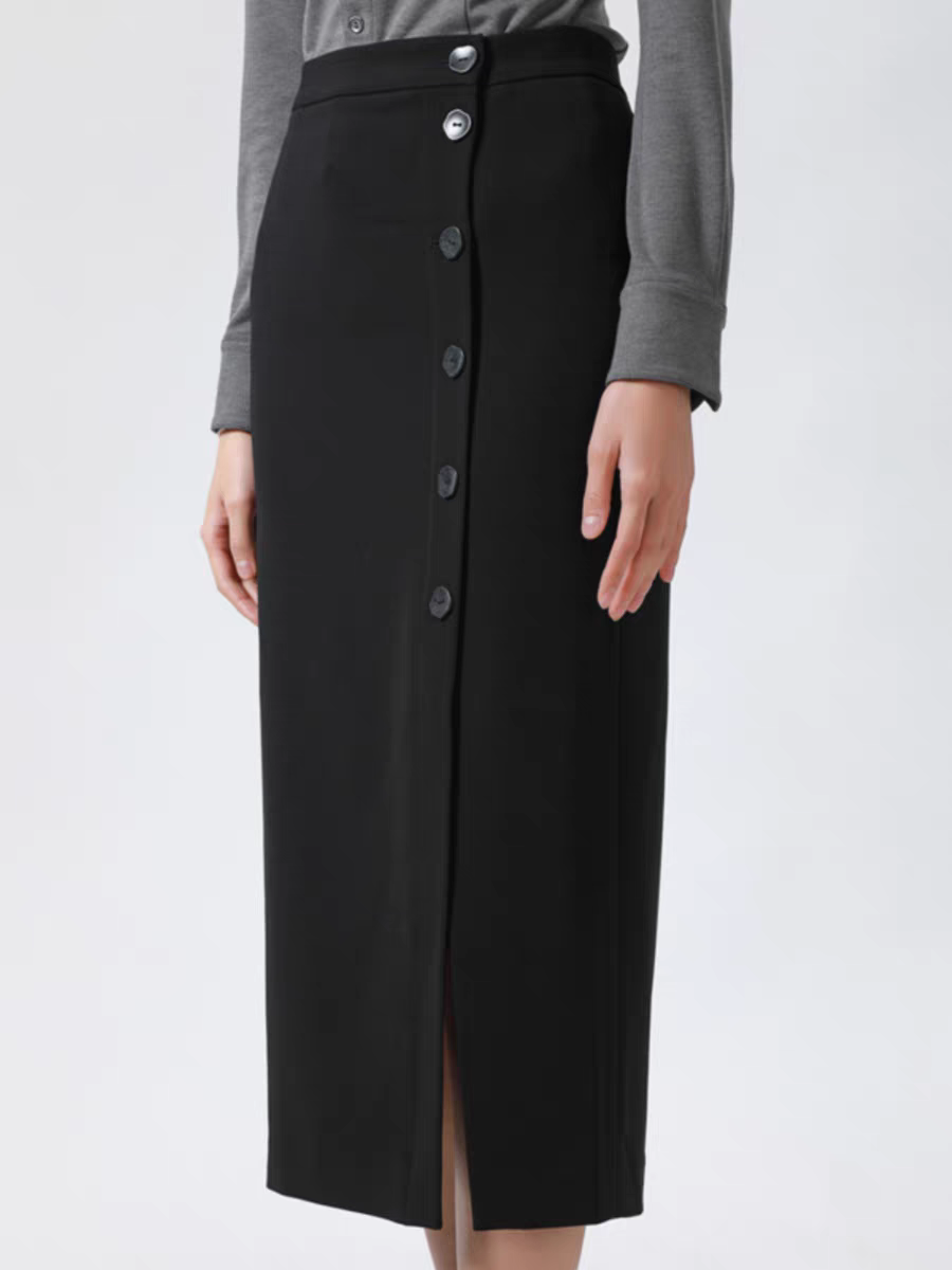 （商场同款）春秋新款显瘦中长开叉高腰纯色铆钉纽扣包臀半身裙