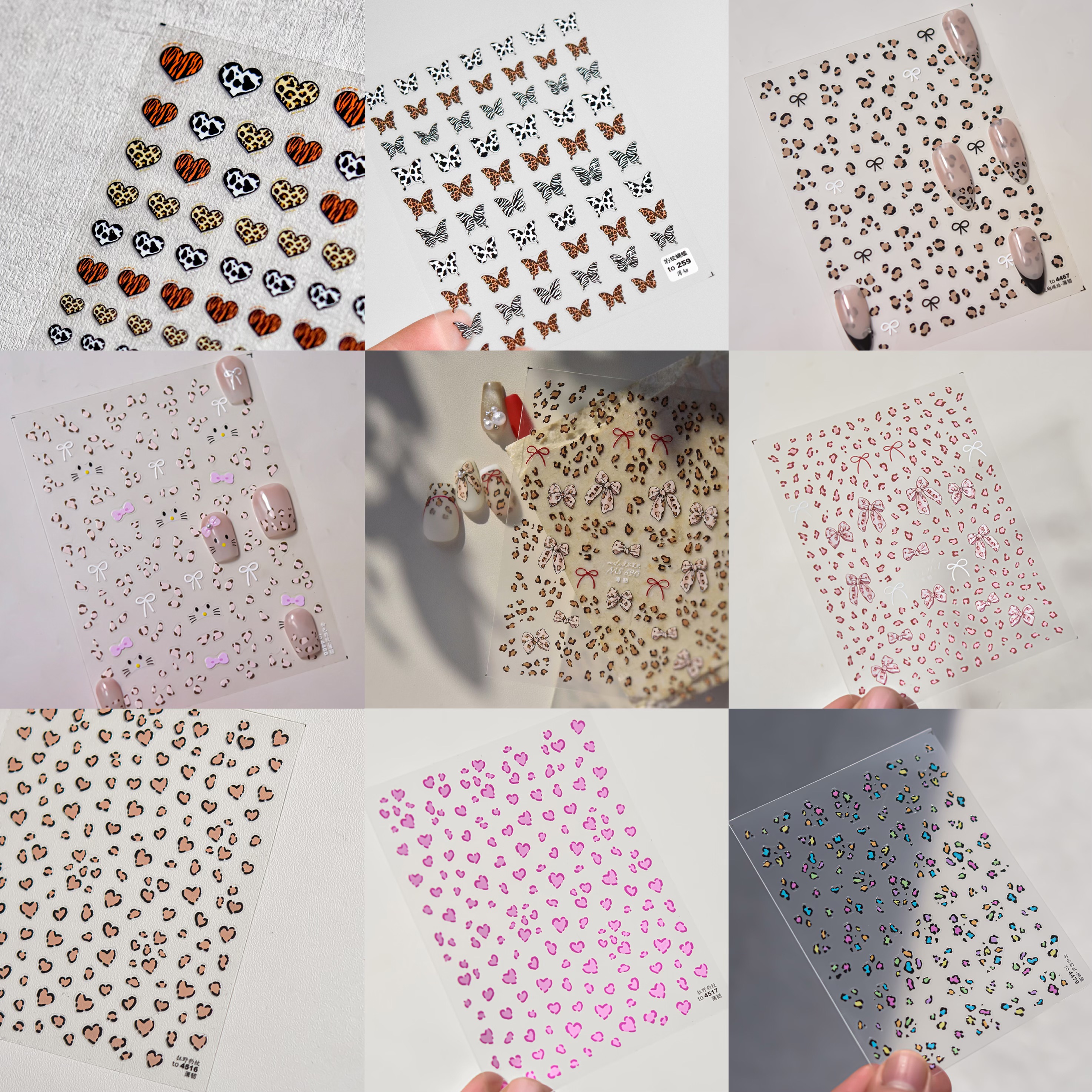 美甲豹纹贴纸彩色复古豹纹美甲贴可爱少女斑纹蝴蝶结指甲贴纸装饰
