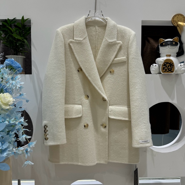 正肩双面羊绒大衣女2025秋冬新款韩系小个子西装领纯色羊毛外套女