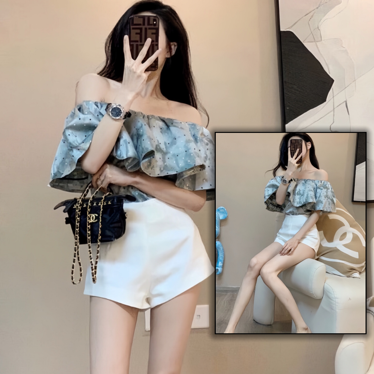 2025年夏季新款露肩法式一字肩上衣高腰短裤两件套小众设计感套装