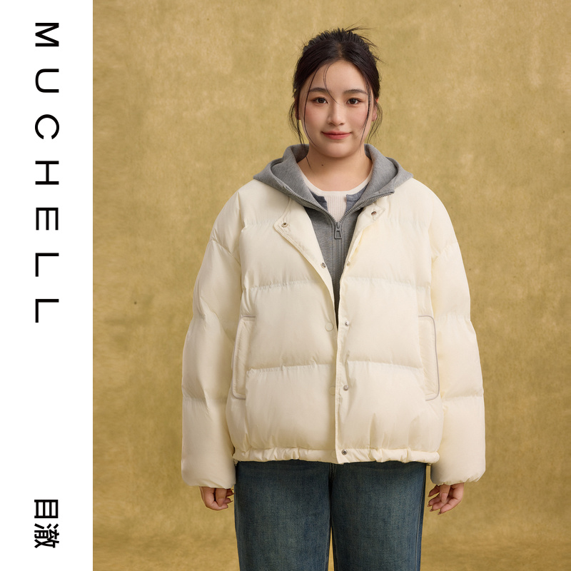 目澈MUCHELL2024冬季新款假两件拼接大码连帽羽绒服MDR4RD6210