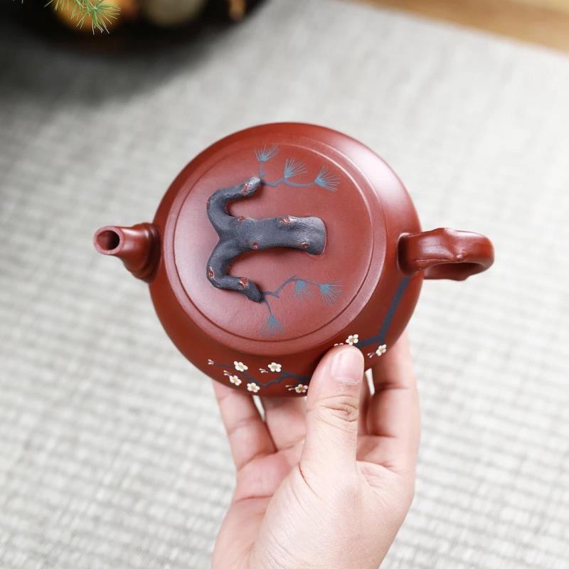 宜兴紫砂壶260cc全手工原矿大红袍岁寒三友礼品茶具定制一件代发