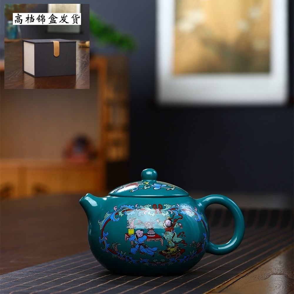 400cc宜兴紫砂壶珐琅彩西施原矿段泥纯全手工大容量茶壶茶具家用