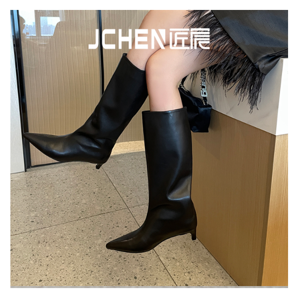 【匠宸JCHEN】极简欧美风尖头胎牛皮宽版中筒直筒靴猫跟高筒长筒靴