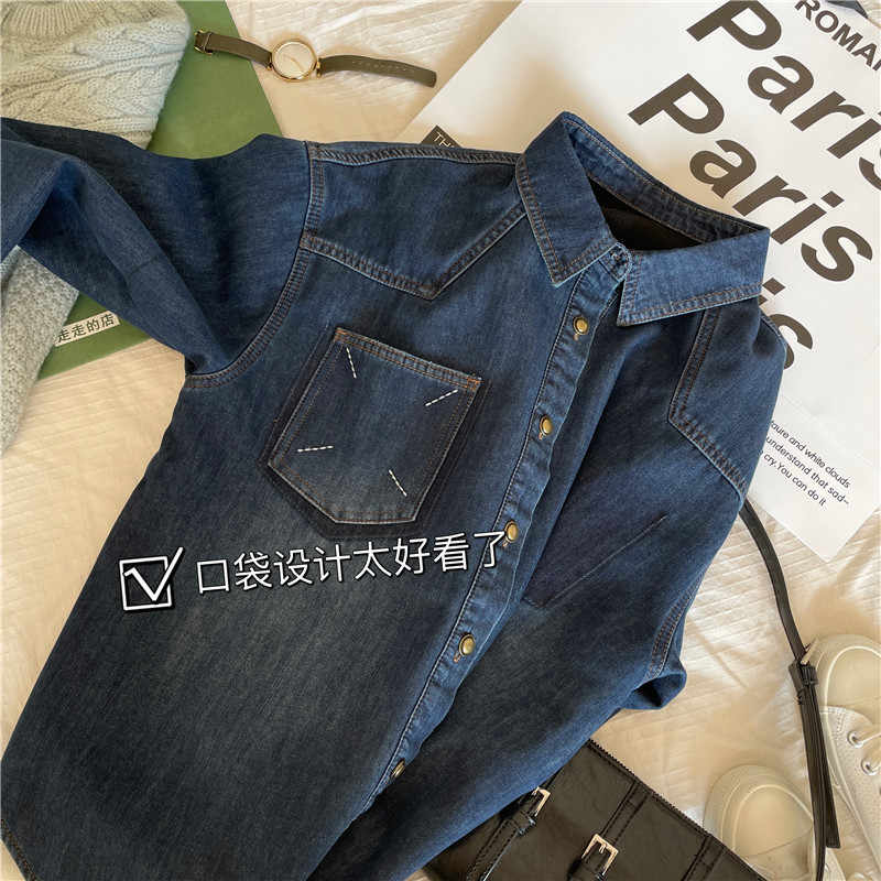 2025年秋冬欧货女装复古蓝撞色加绒牛仔衬衫设计感宽松休闲上衣女