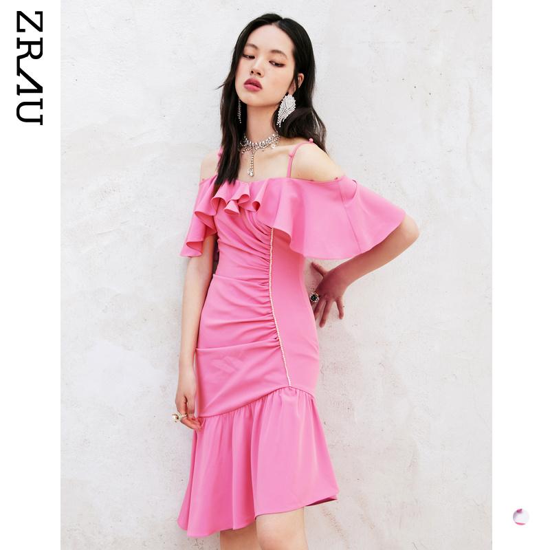 【老板娘夏天】ZRAU优雅浪漫极光粉碎褶鱼尾连衣裙91130321338