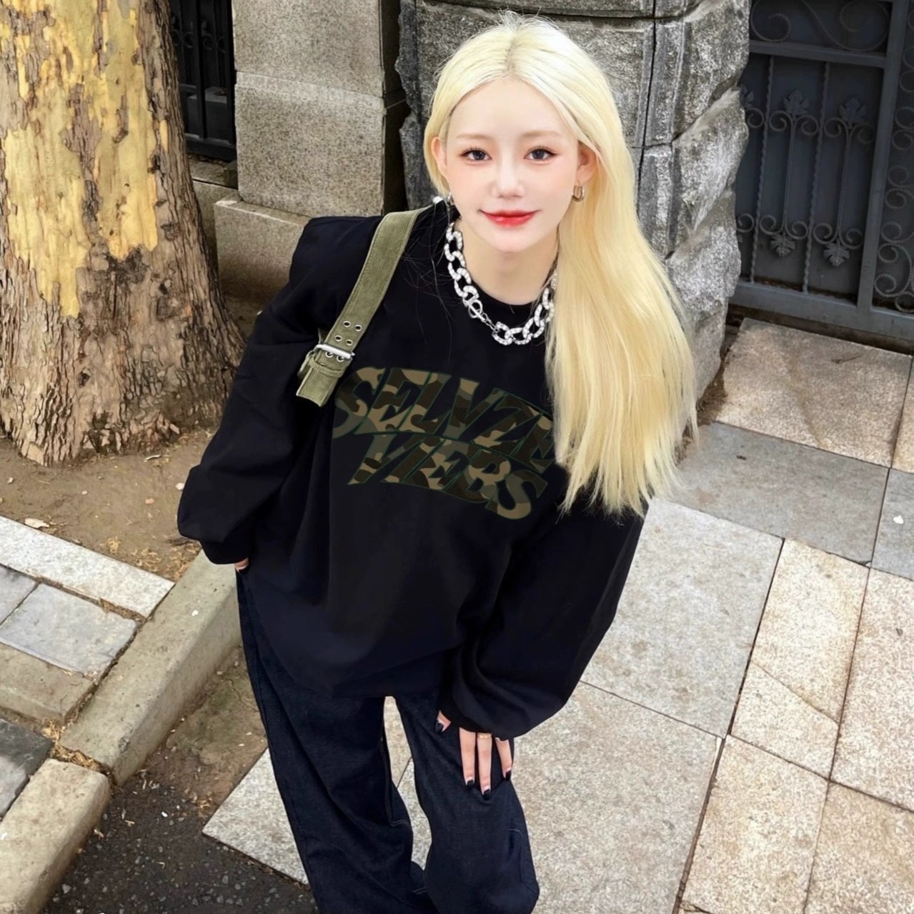 YWBY美式复古秋冬季新款圆领卫衣女加厚加绒休闲宽松显瘦卫衣女