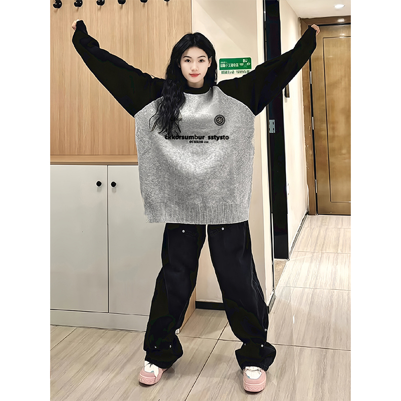 YWBY美式秋冬季慵懒风插肩圆领毛衣时尚潮流时尚印花长袖套头上衣