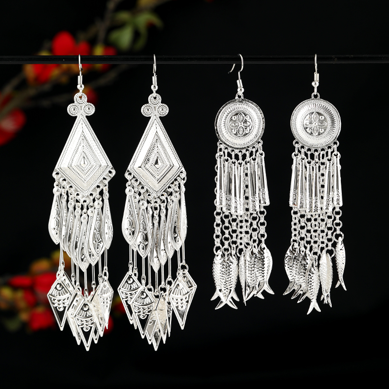 合金耳饰 少数民族风苗银流苏耳环复古云南苗族夸张长款双层耳坠